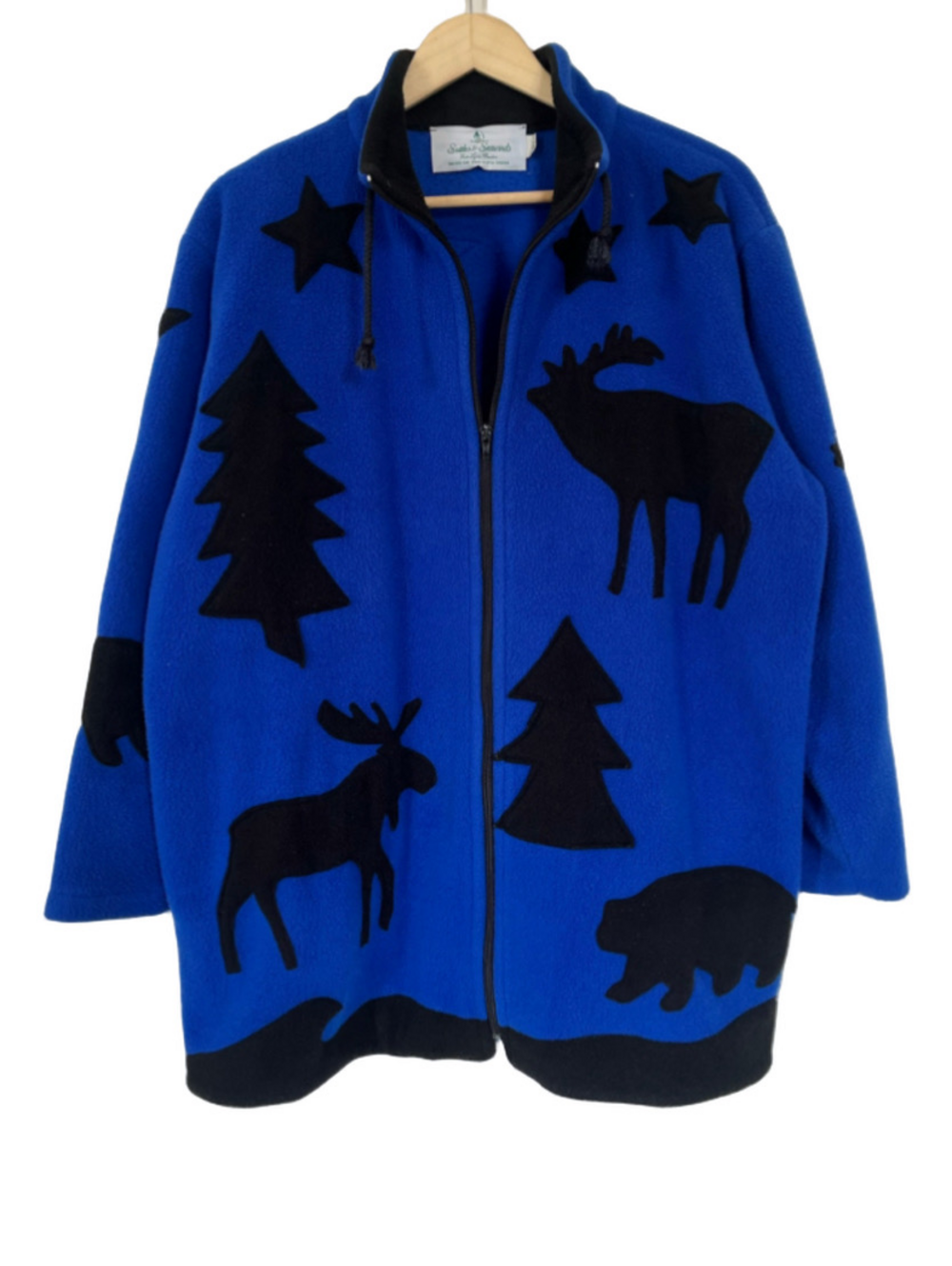 Suttles & Seawinds Fleece Zip Jacket Royal Blue Black Nature Print Patchwork